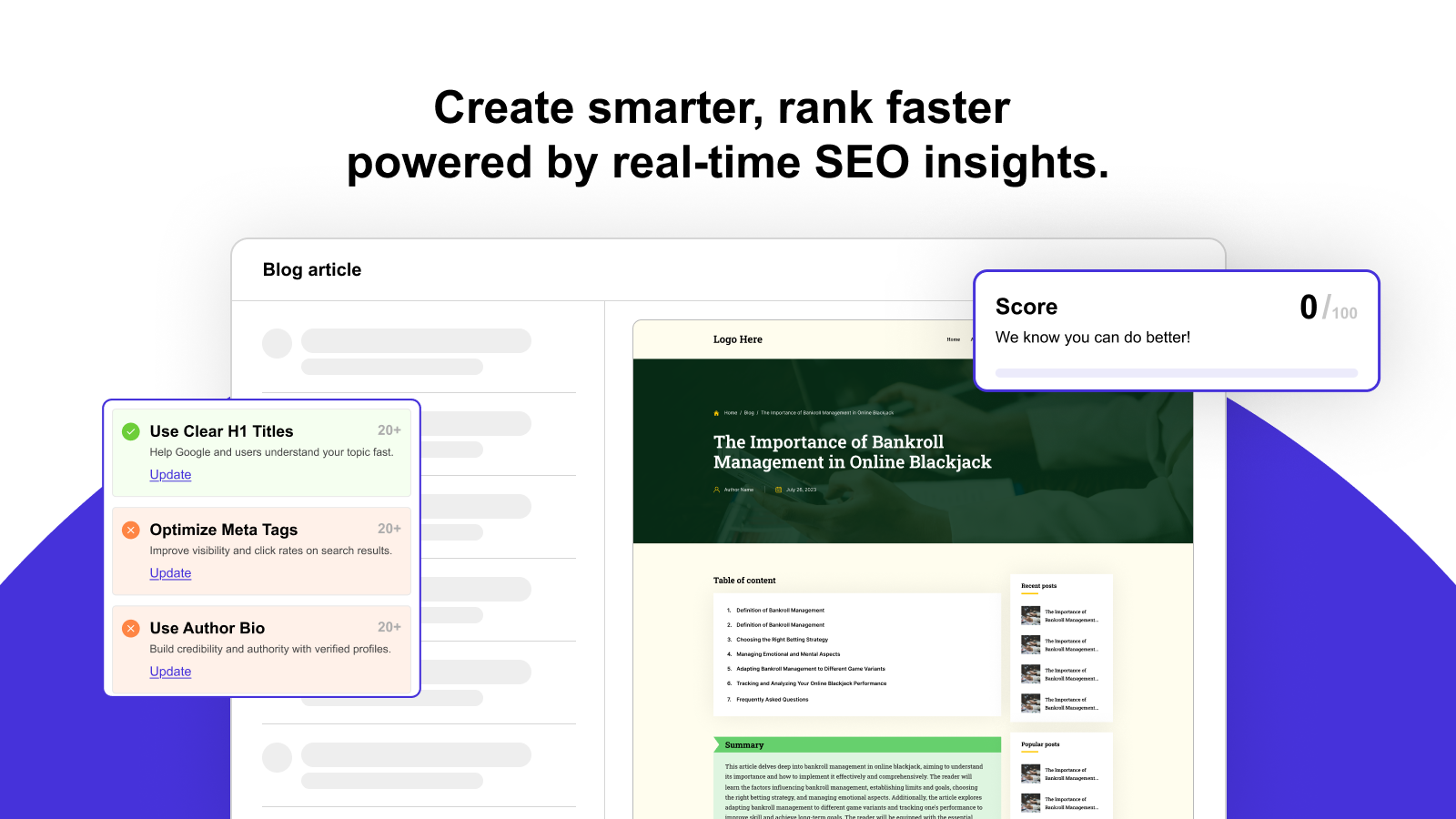 Create smarter, rank faster powered by real-time SEO insights.